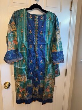 Bin Saeed Blue & Teal Floral Embroidered 3 Piece Suit Dress